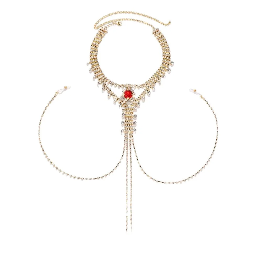 سلسلة حلمة مثيرة بشرابة حمراء للنساء ، مجوهرات غير ثاقبة ، حجر الراين للرقبة ، موضة الموضة ، سلسلة الجسم ، هدية ملابس المهرجان ، ، ، ،