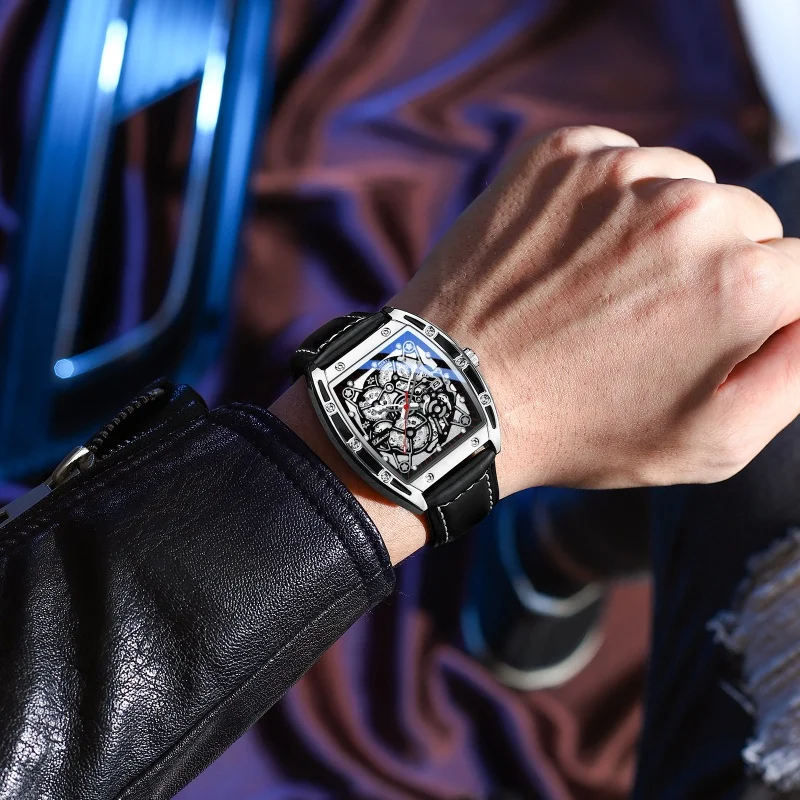 CHENghts-Montre à Quartz pour Homme d'Affaires, Cadran Tonneau Calendrier, Étanche, Bracelet en Cuir, Décontracté, 8265