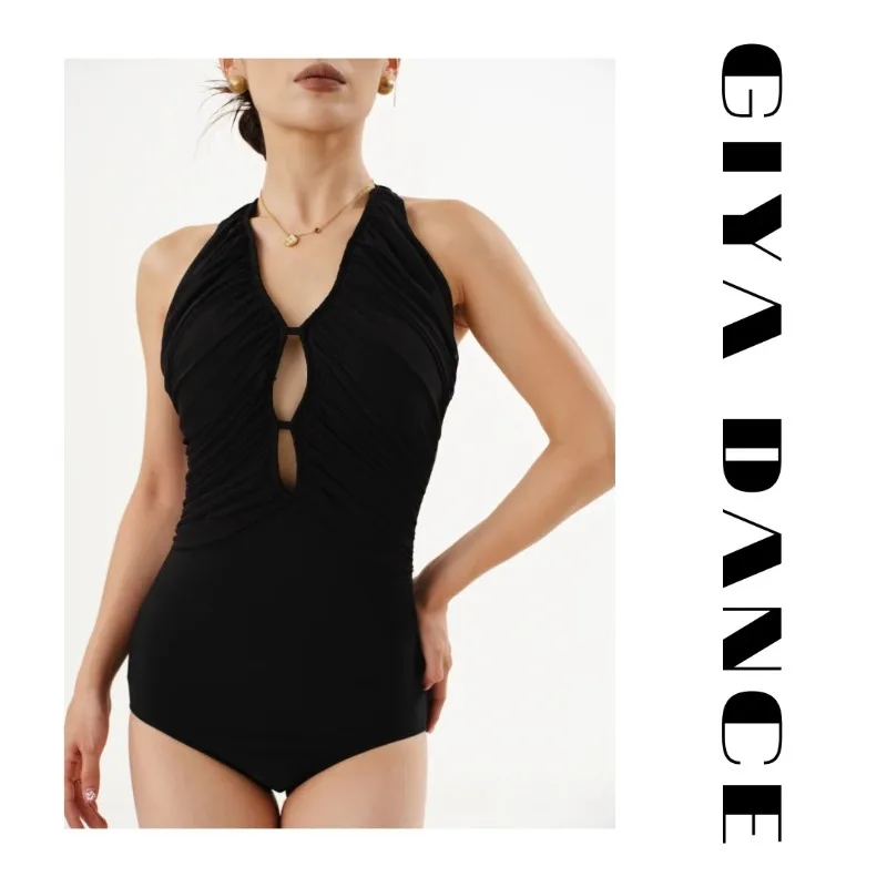 

Customized GIYA Bodysuit Wave Yarn Black Irregular Folded Mesh Splicing with Chest Cushion Underpants Latin Dance Jumpsuit 2530