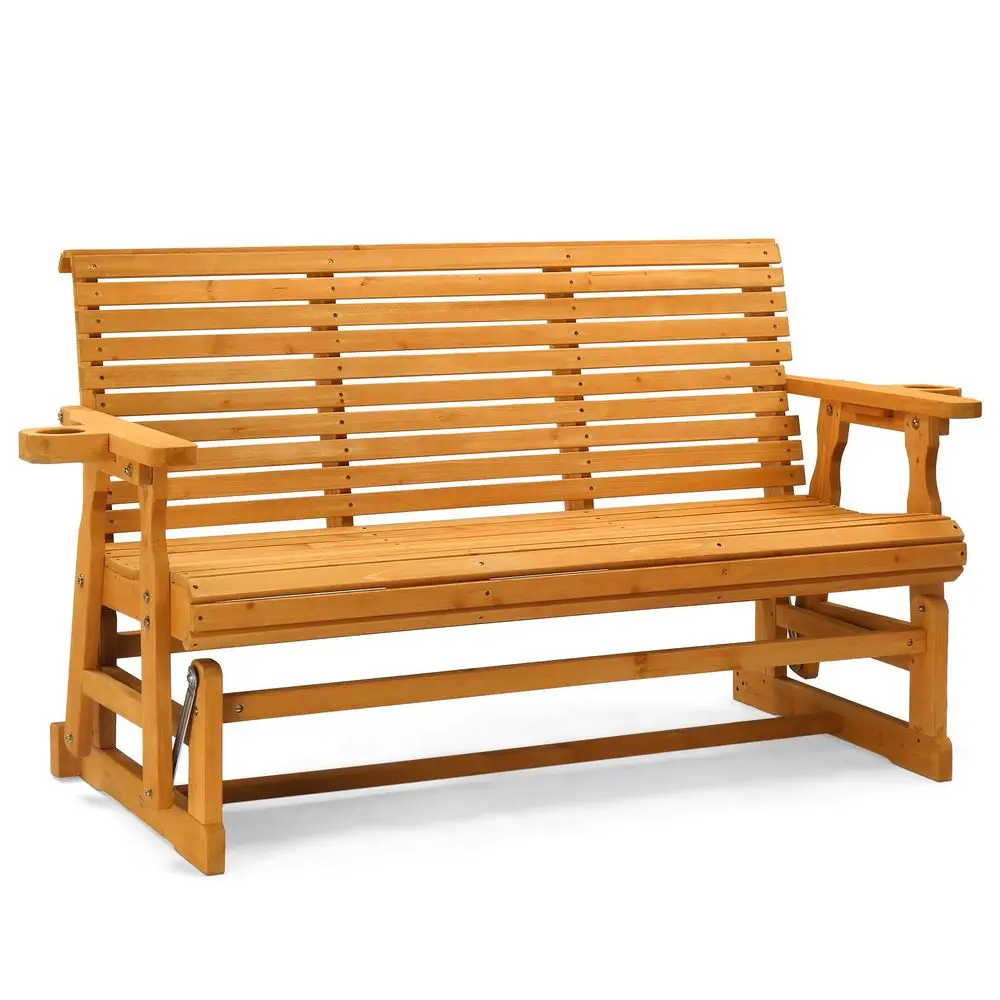 Wooden Patio Glider, Heavy Duty 800 LBS Outdoor Glider with Cup Holders, 5 FT Wooden Glider Bench with High Backrest for Garden