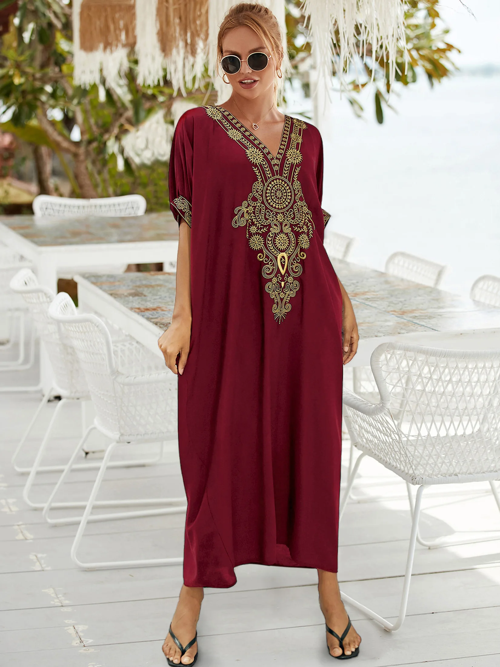 Bohemian Plus Size Embroidered Kaftan V-neck Puff Sleeve Casual House Dress 2024 Women Summer Beachwear Swimsuit Cover-ups Q1581