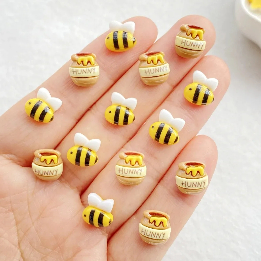 10Pcs Cute Mini Cartoon Bee, Honey Pot Nail Art Flat back Rhinestone Bead Scrapbook DIY Manicures Appliques Accessories Crafts