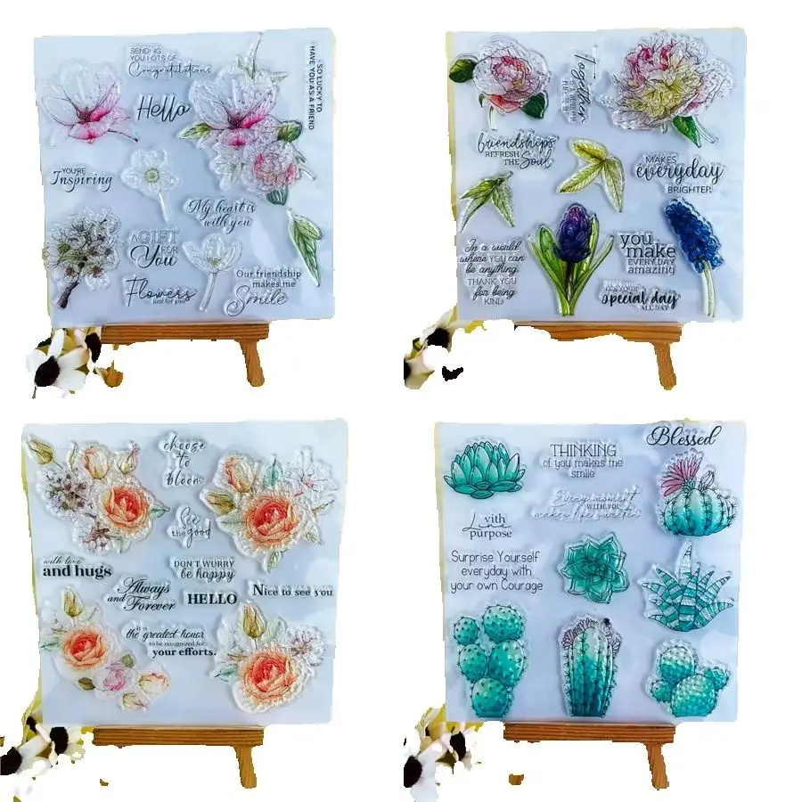 Transparent Silicone Rubber Stamps Plant Flower Cactus Rose Tulip Sentiment Phrase Clear Seal for Journal Card Making Album Deco