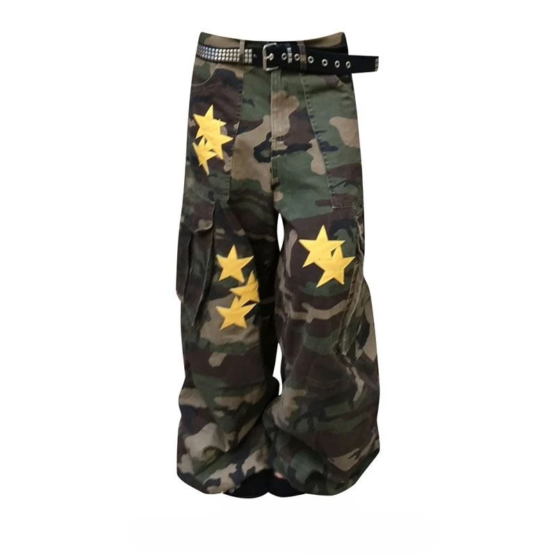 

American street large size washed old star camouflage jeans women loose and thin wide legs drape pants tide Y2K