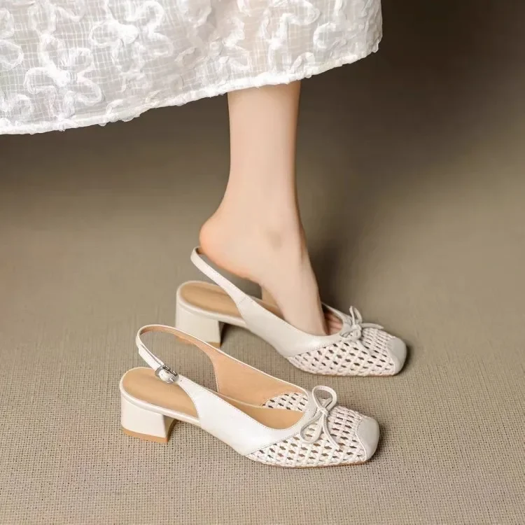 

2025 Braided Hollow Out Toe Sandals Women's Summer Genuine Leather Butterfly Knot Back Strap Thick Heel Roman Shoes