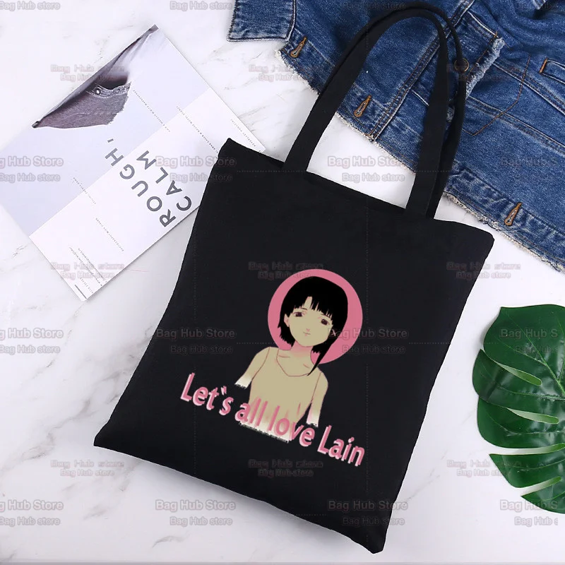 Serial Experiments Lain Shopping Bag  Black Bag Tote Bag Summer Shoulder Canvas Bag Large Capacity Wild Bag