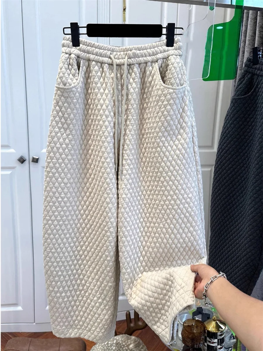 Retro Korean Style Quilted Thermal Casual Pants Men Women Straight Leg High Waist Long Pants Autumn Winter Slimming Effect