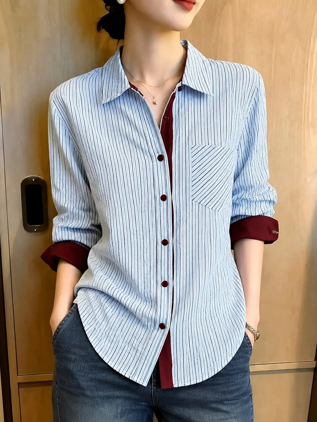 Design Sensation Color Block Striped  Shirt Women's Single Button Fashionable Korean Style Long Sleeve Straight Cut Shirt