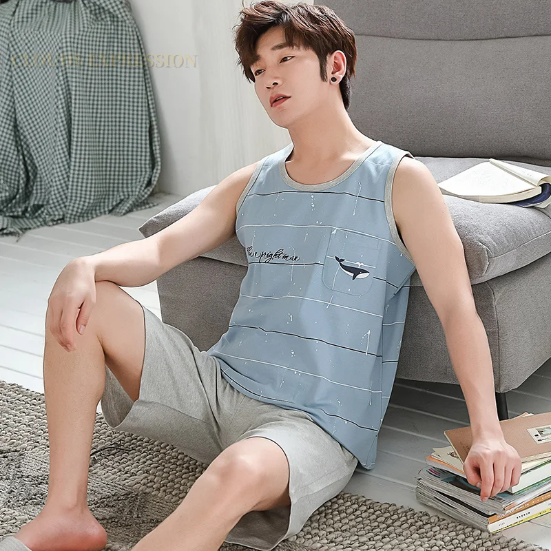 Summer Men Pyjamas 100%Cotton Striped Pajamas Set Casual Sleeveless Sleepwear Pyjamas Night Suits Pijamas Plus Size 4XL Home PJ