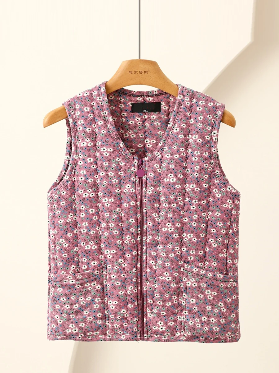 

Warm Cotton Jaet Vest Women's Loose Fit Mid-aged And ly Faion Commute Sle Zipper Closure Milk Silk Polyester Fiber