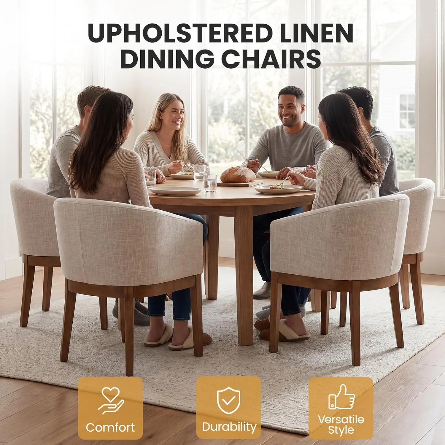 Beige Dining Chairs Set of 2 Mid-Century Modern Dining Chairs, Linen Upholstered Kitchen Dining Room Chair Curved, Customized view 3