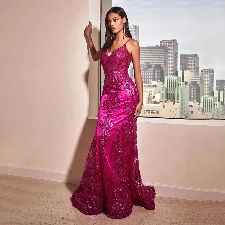 Sexy Lace Prom Dress Glitter Sequined Mermaid Formal Party Dresses Luxury Spaghetti Straps Backless Long Evening Gown customized