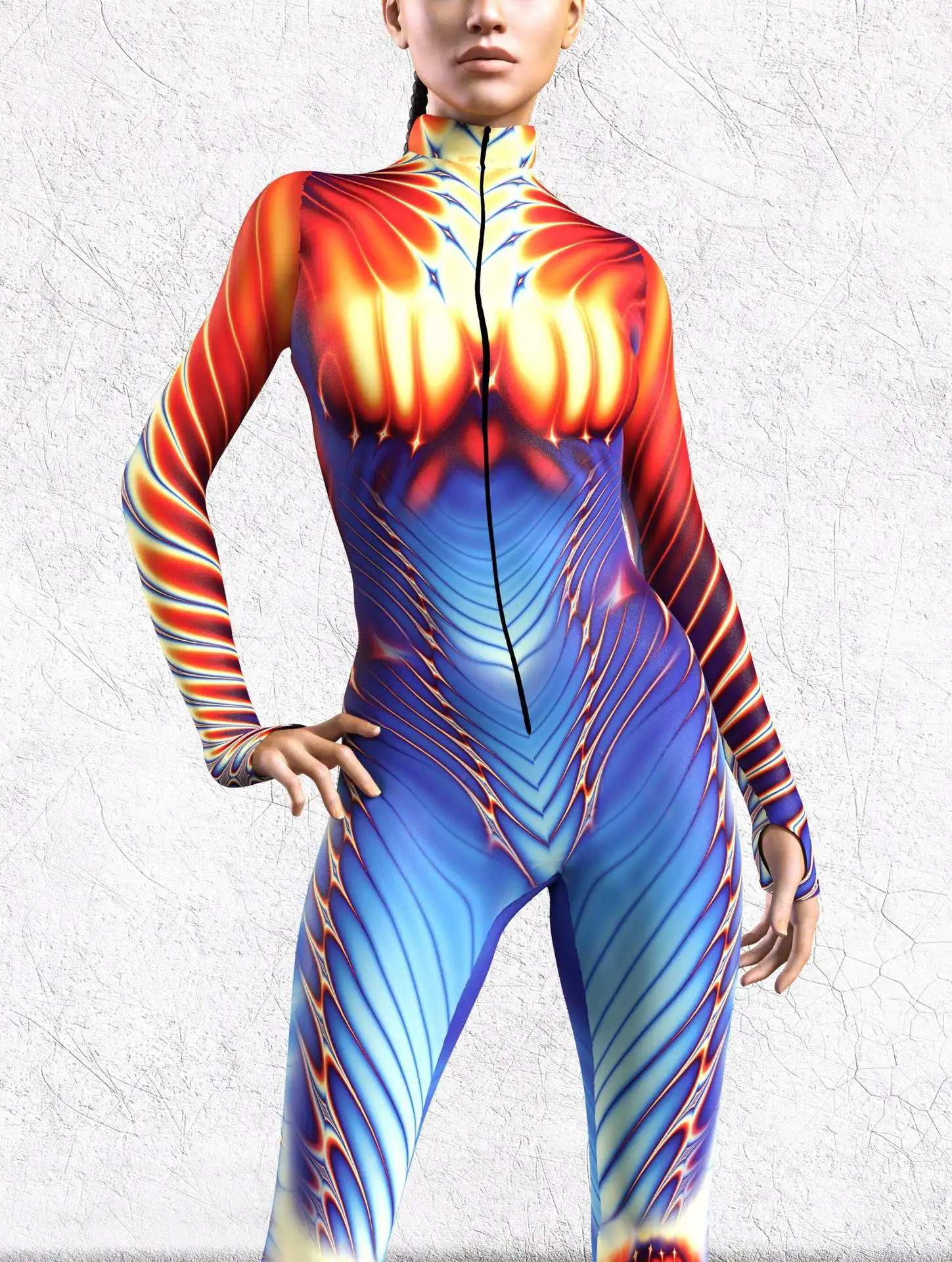 Bunt bedruckter Damen-Jumpsuit für Urlaub und Party, Punk-Zentai, Rave-Outfit, Yoga-Catsuit, Fahrrad- und Halloween-Anzug – Detail 11