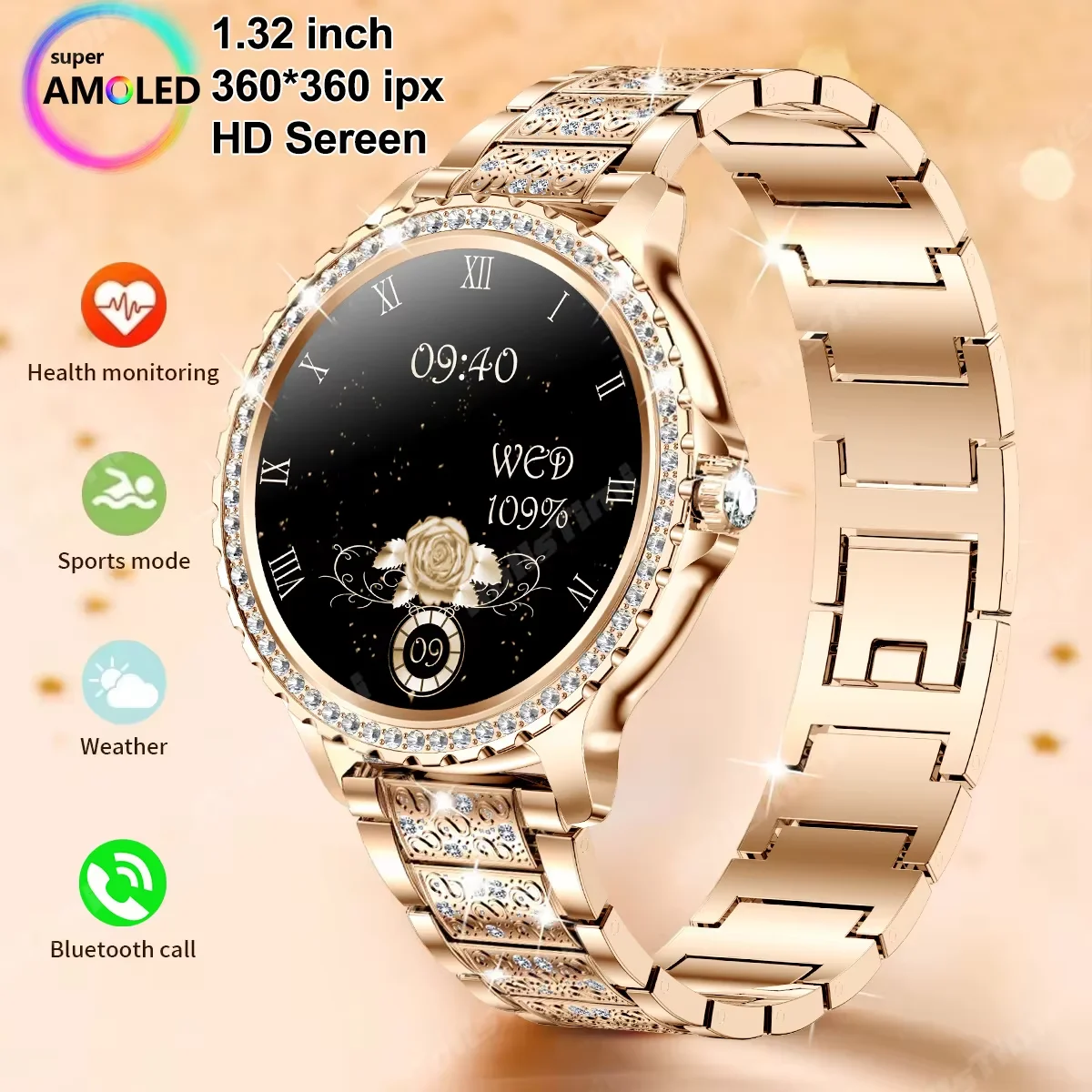 2024 Luxury New Gold Smart Watch Women 1.32Inch HD Screen Sports Custom Dial Heart Rate Voice Call Smart watch For Gift Ladies