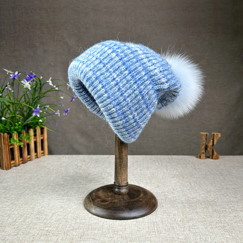 High end big head circumference sheep plush fox fur ball cute knitted hat women's warm autumn and winter pile hat yarn hat