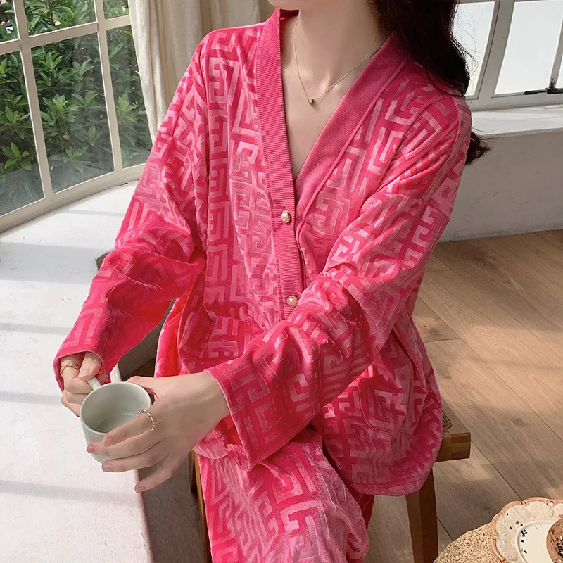 Pink Pyjamas 2Pcs Loungewear Women Velour Warm Sleepwear Casual Home Clothes Sexy Jacquard Shirt&pants Nightwear Pijama Mujer