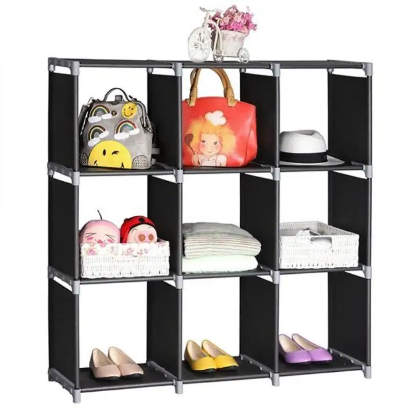 3-Tier 9-Cube Storage Shelf Easy Assembly Waterproof Non-Woven Organizer Black Steel Tube Space Saver for Home Use