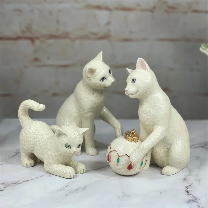 Figuras de Gato em Cerâmica Pintadas à Mão da American Lenox, Ornamentos de Animais Fofos para Decoração de Casa, Presente de Natal