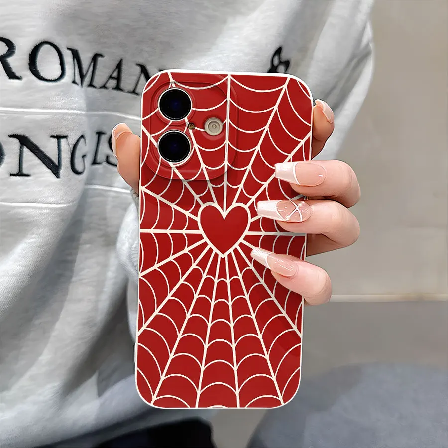 حافظات هاتف منقوشة على شكل شبكة عنكبوت على شكل قلب لهاتف iPhone 17 إلى 11 Pro Max Plus