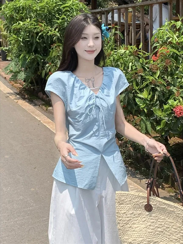 

plus Size Belted V-Ne ort Sve irt Women Summer Slimming Waist Design Split Personali Top Quali Faionable Inner...