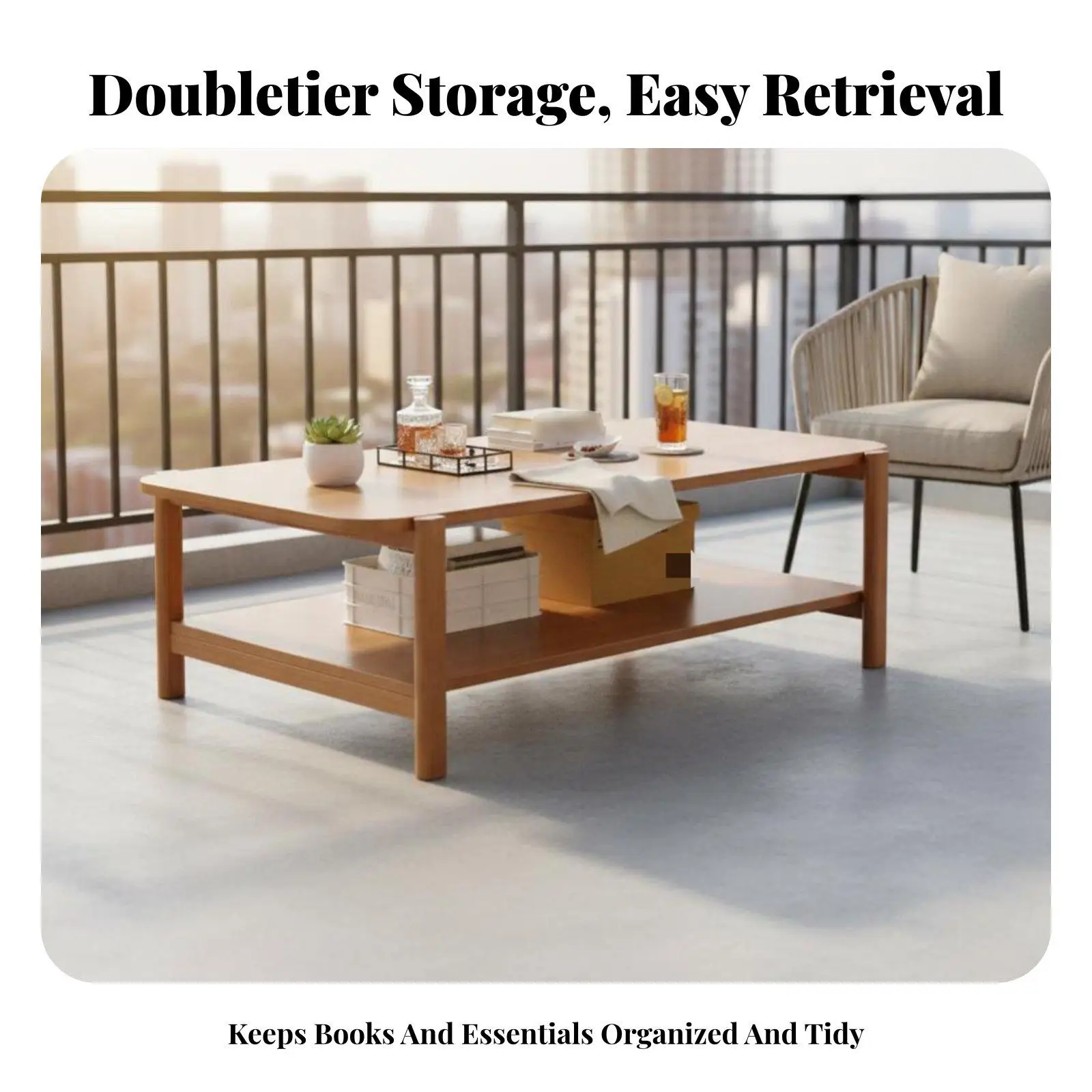 Living Room Center Table with Two Tier Storage Solid Wood Accent Furniture