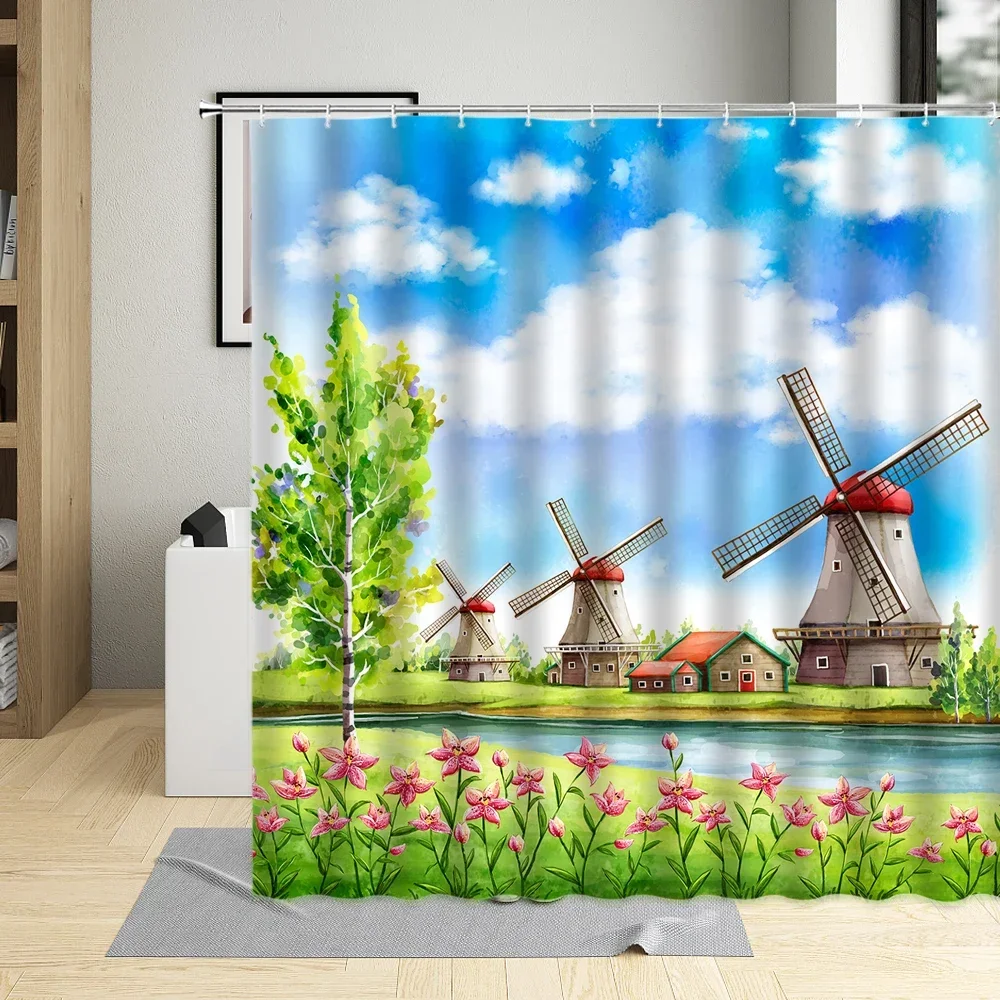 Landelijke Pastorale Zonnebloem Windmolen Landschap Douchegordijn Vlinder Vogelboom Olieverf Illustratie Badkamer Badkuip Deco Set