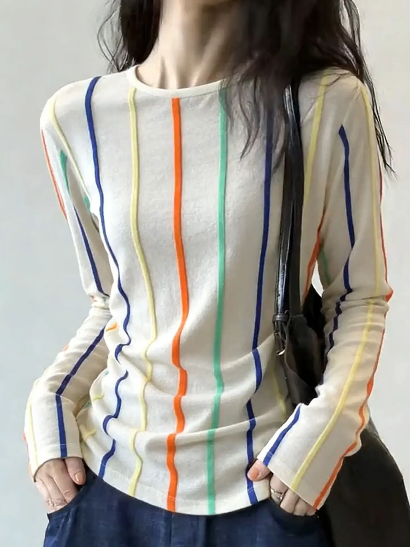 

Женская трикотажная кофта Ele с длинным рукавом и круглым вырезом, весенняя, универсальная, базовый слой, в полоску, для повседневной носки, удобная