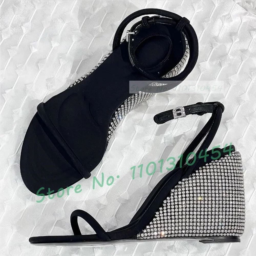

Crystal Wedges Luxury Sandals For Women Sparkly Ankle Strap High Heels Shoes Summer Ladies Bling Party Rhinestones Black Sandals