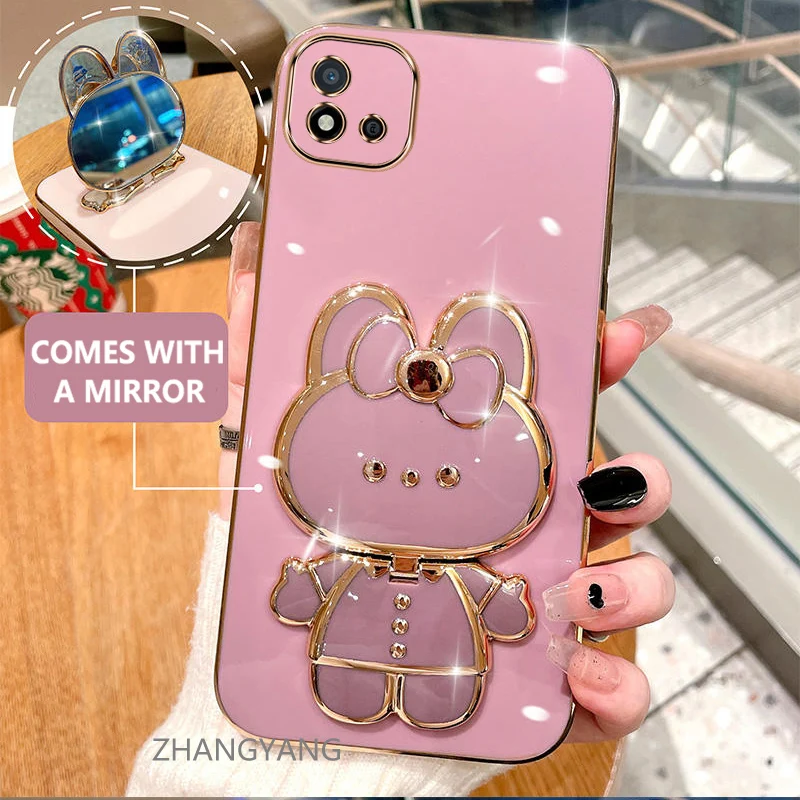 Case For Realme C20 C11 2021 c11 2020 Electroplated straight edge silicone phone case cute 3D rabbit with built-in mirror for an