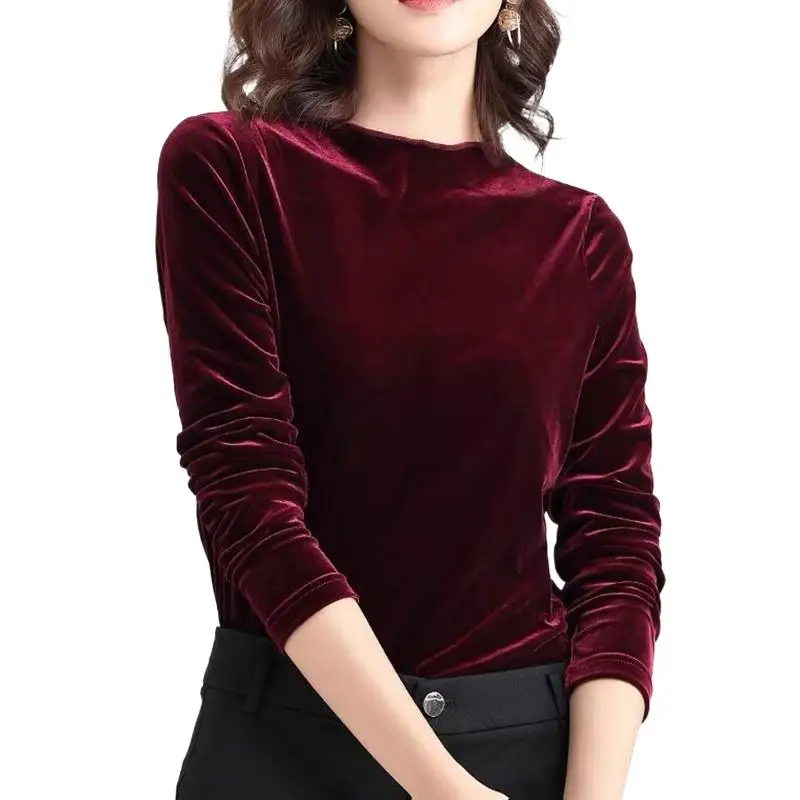 Women Velvet Blouses Long Sleeve half Turtleneck Vintage Velour Blouse women Spring Autunm Tops Blusas Mujer 11 colors black