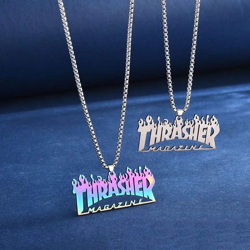 New Fashion Punk Street Hip Hop Pendant Thrasher Titanium Steel Colorful Keel Chain Necklace Quenching Jewelry Wholesale