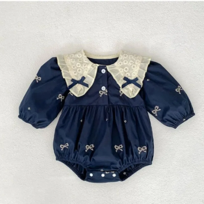 

Autumn Baby Girl Romper Cotton Embroidered Lace Bow Triangle Bodysuit Princess Vintage 0-2 Infant Jumpsuit