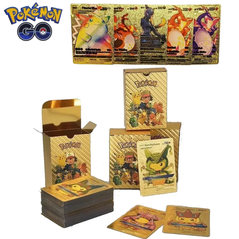Hot 55pcs Pokemon Pikachu VMAX GX  V Gold/Silver/Black Cards, English Spanish German French Rare Anime Game Collection Card Toy