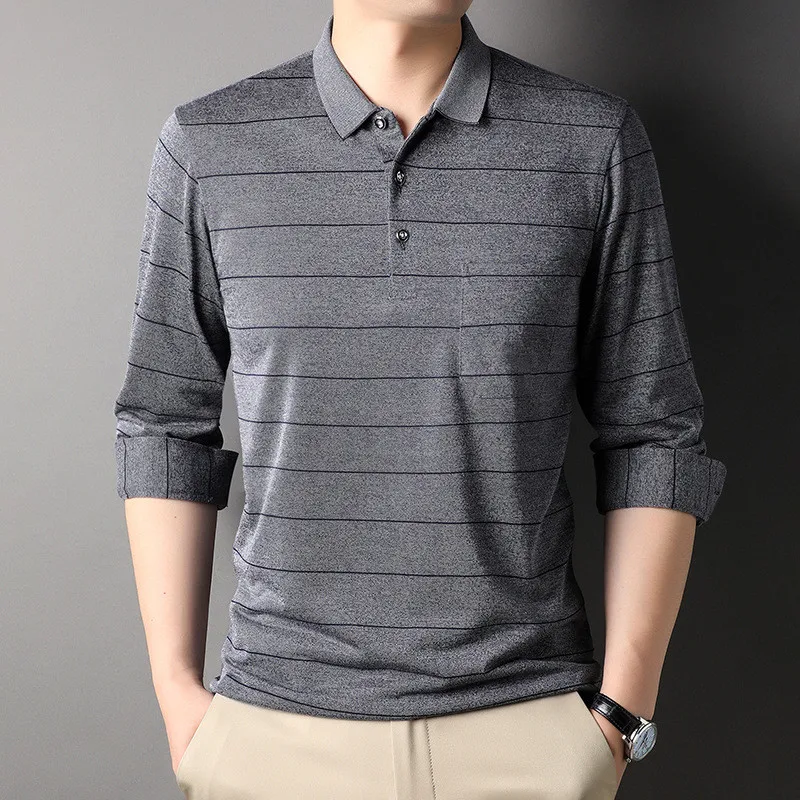 

New Fashion Cotton Polo Shirt for Men Long Sleeve Striped Autumn and Spring Clothing Business Casual Male Korean Polo Shirt Tops