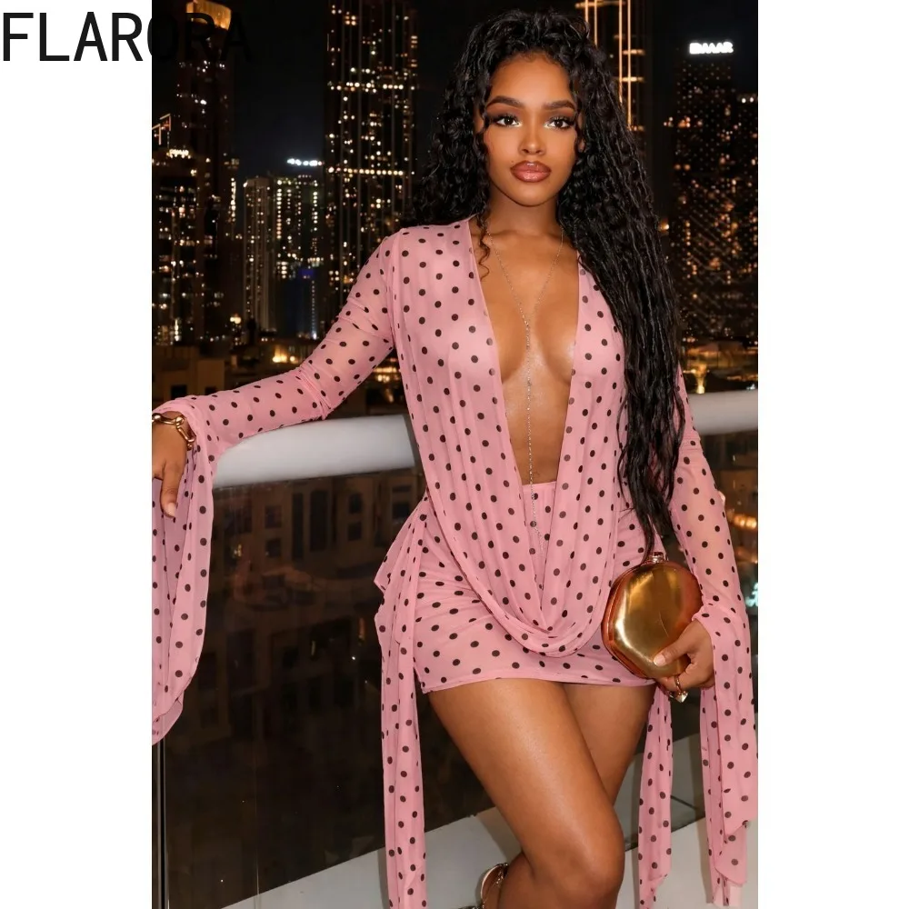 

FLARORA Sexy Polka Dot Print Mini Dress Woman Elegant Deep V Neck Batwing Sleeve Ribbon Backless Dresses Party Clubwear Bodycon