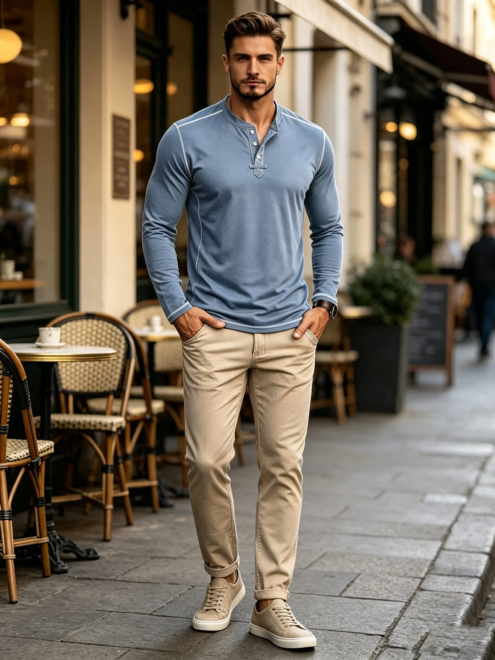 Men's Henley Long Sleeve Shirt Contrast Stitching Stand Collar Button Placket Tee Casual Slim Fit Outdoor Daily Soft Basic Top