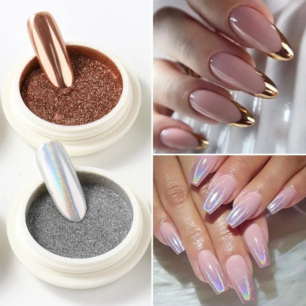 

6pcs Chrome Mirror White Nail Powder Pigment Gold Silver Rubbing Holographic Aurora Iridescent Metallic Nail ArtPower Decoration