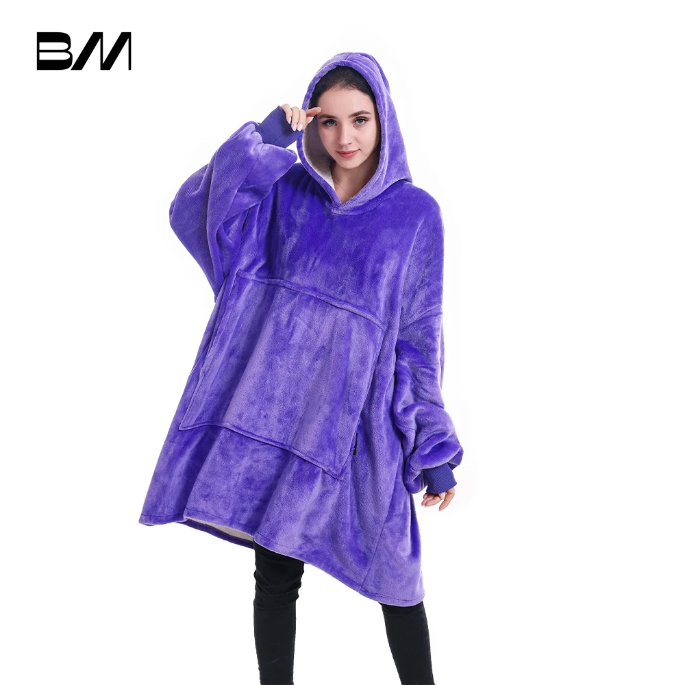 Hoodies Plaid Pullover Hooded Blanket With Sleeve Winter Fleece Oversized Big Sweatshirt For Women Solid Color Various Colors