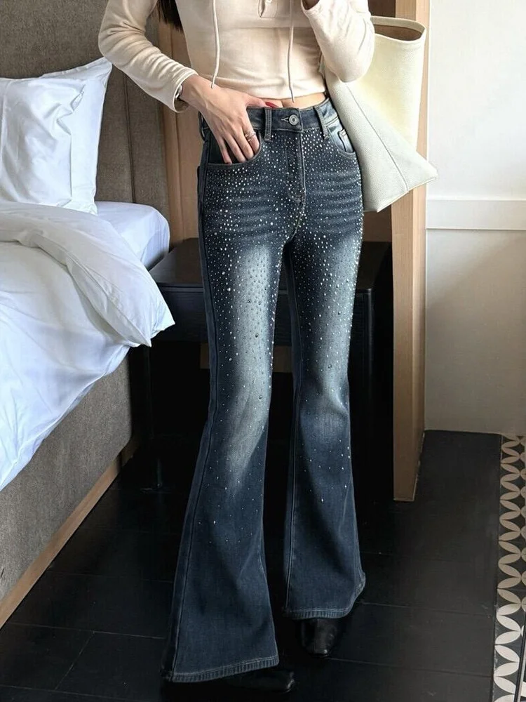 

American High Street Retro Washed Denim Jeans Women Slim Design Sensation Faded Slimming Micro Flared Long Trousers