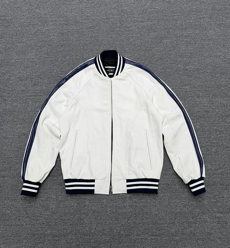 White first-layer goatskin genuine leather jacket men's baseball uniform pure leather jacket loose casual jacket