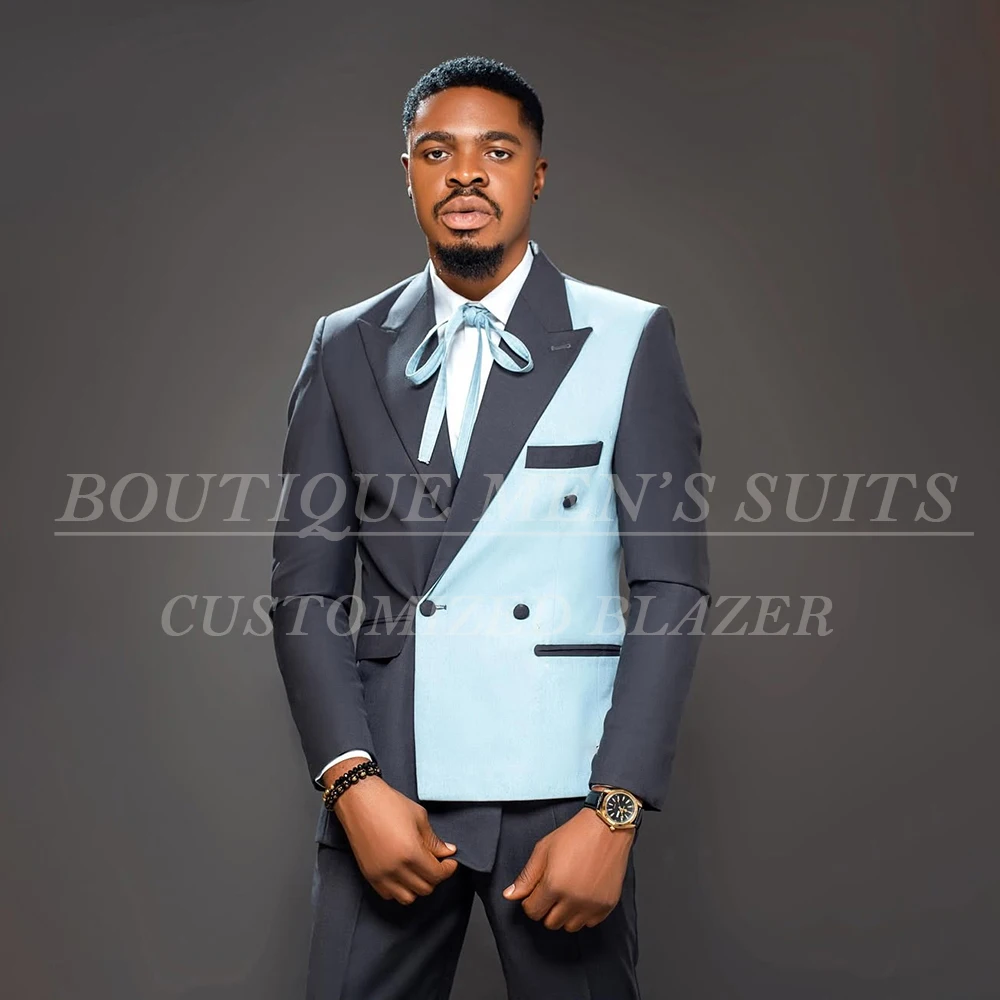 

Elegant Suits for Men Formal Slim Fit Double Breasted Peak Lapel Skinny 2 Piece Jacket Pants Sets High Quality Male Clothing