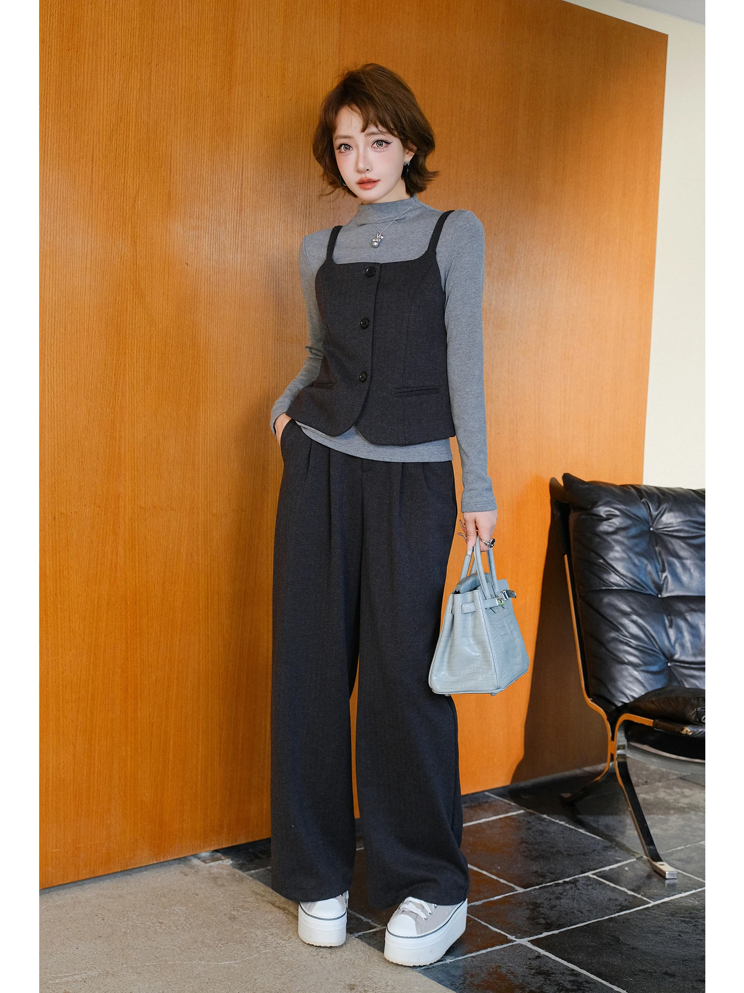 

MIUCO ey High nce Пригородный женский костюм, жилет, широкие брюки, повседневный элегантный комплект футболок