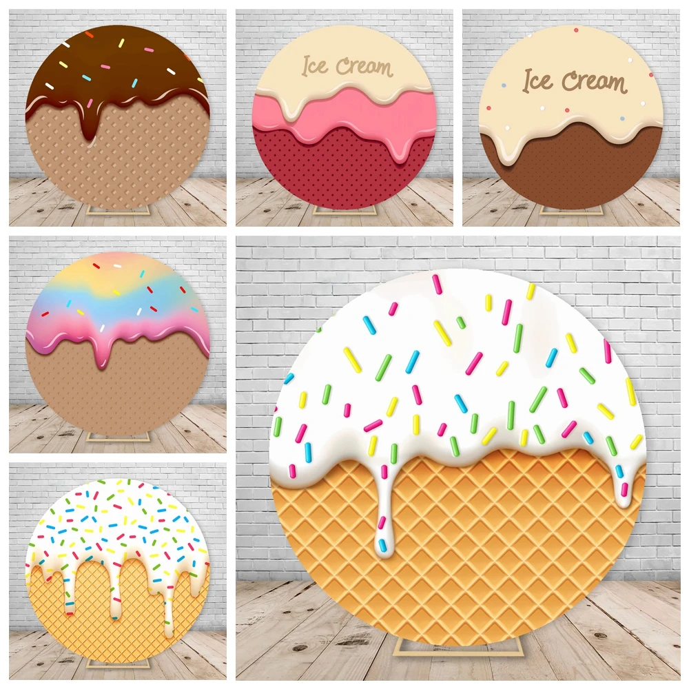 

Ice Cream Theme Round Circle Background Cover Customizable for Baby Girl Birthday Party Decoration Photography Backdrop Elastic