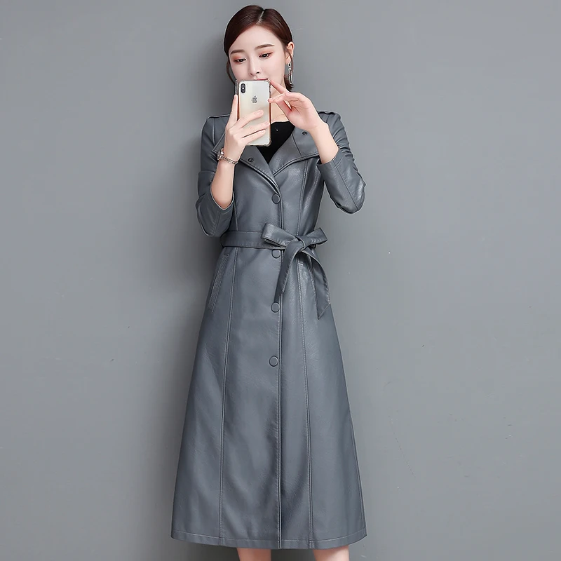 New Women Long Leather Coat Spring Autumn Fashion Casual Stand Collar Single Breasted Slim Trench Coat Split Leather Outerwear