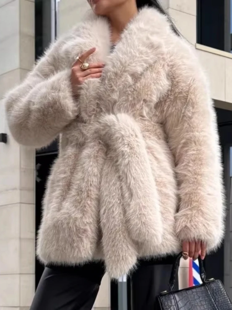 2026 Women's Winter New Thick Faux Fur Coat Suit Collar Belt Medium Long Plush Jacket