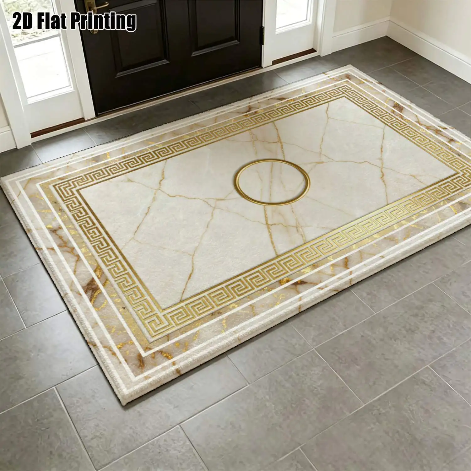 1Pc 2D Printed Carpet: Beige Marble & Gold Herringbone Border European Style, Fits Minimalist/Vintage/Geometric Decor. Home Decor, Multi-Size, Machine Washable. For Entrance, Dining Room, Foyer, Bedroom, Living Room.