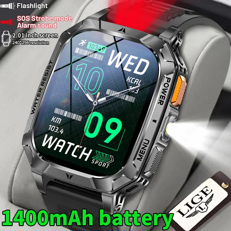 

LIGE 2026 New 400mAh Super Large Battery Men Smart Watch Outdoor 2.01" HD SOS Strobe Alert IP68 Waterproof BT Call Smartwatch