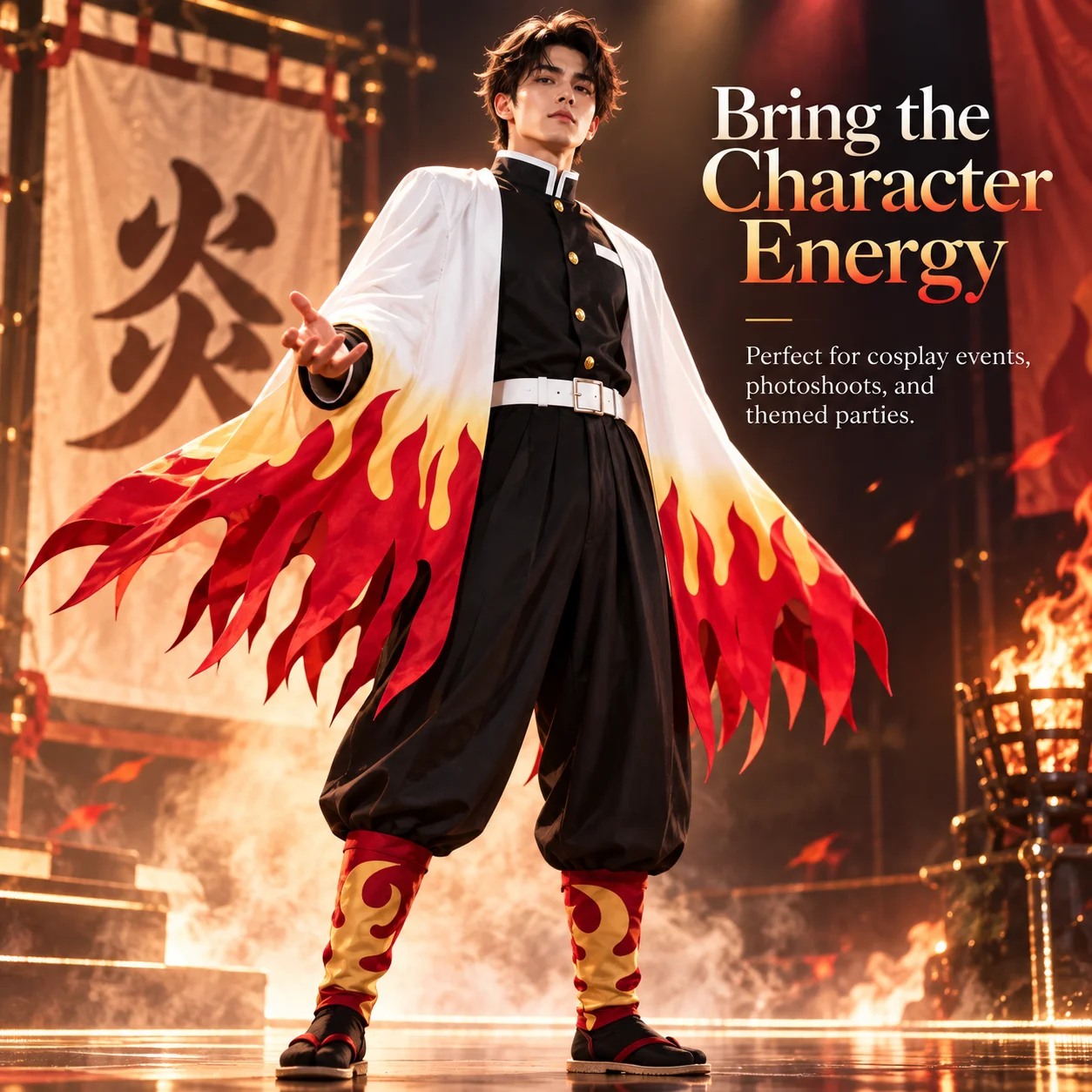 Japanischer Haori-Kimono mit Flammenmuster für Cosplay, Komplettset, weiße Außenrobe mit rot-gelben Flammenkanten, schwarze Uniformhose, weißer Gürtel und Beinwickel mit Flammenmuster für