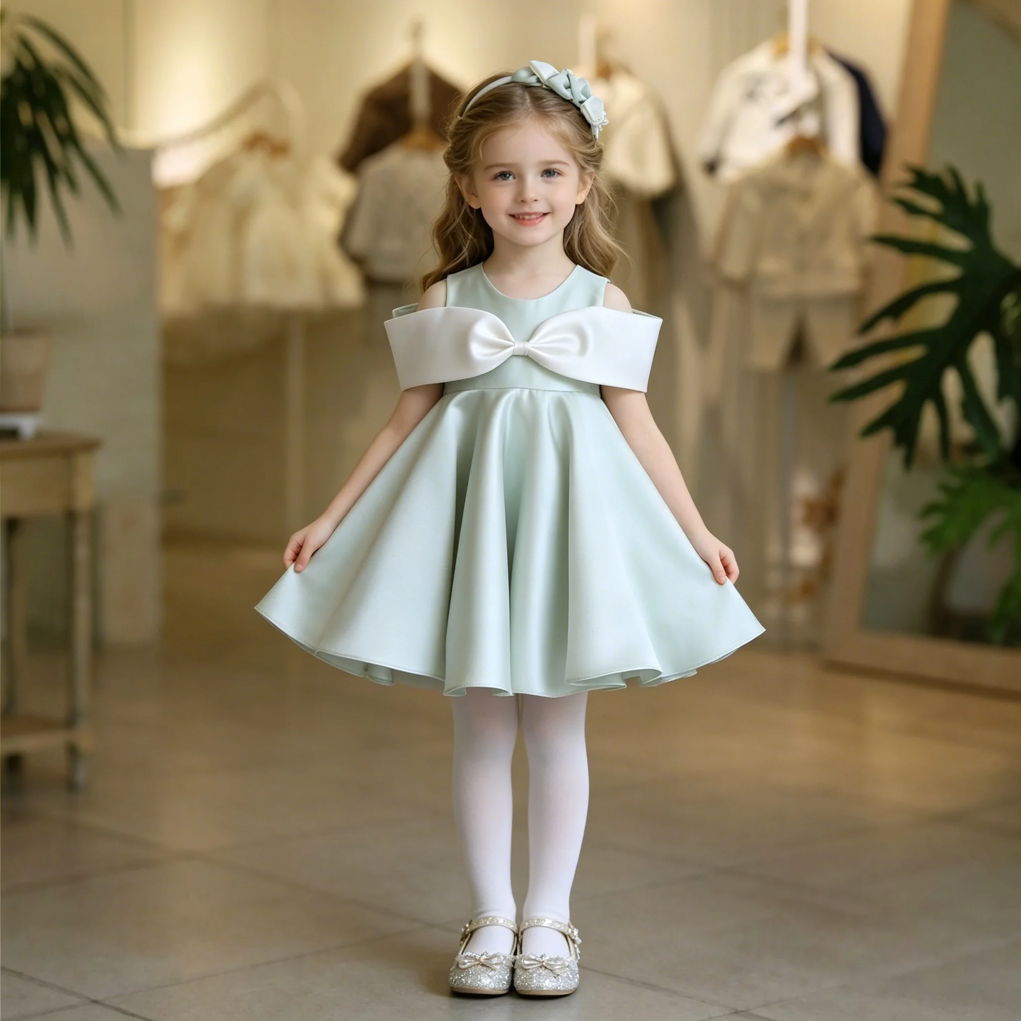 

Summer Girls Eve Dress New Satin Off-Shoulder Big Bow Fashion Princess Dress Baby Birthday Wedding Banquet Color Blocking Skirt