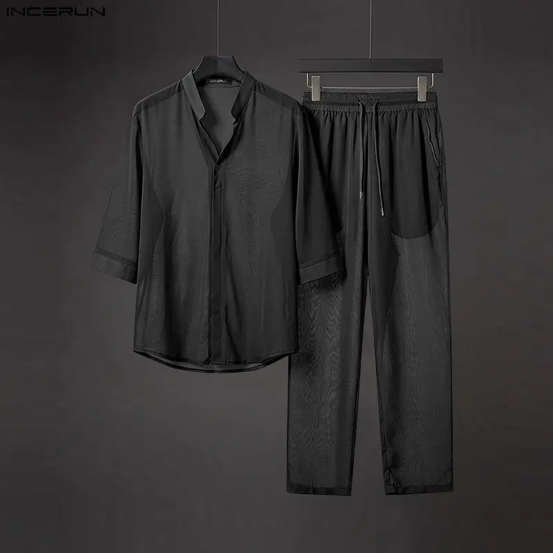 INCERUN Men's Sets Solid Color V Neck Half Sleeve Shirt Pants Two Piece Sets Streetwear Loose 2026 Men Matching Sets Tracksuits view 3